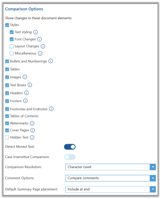 Redline comparison settings – Draftable